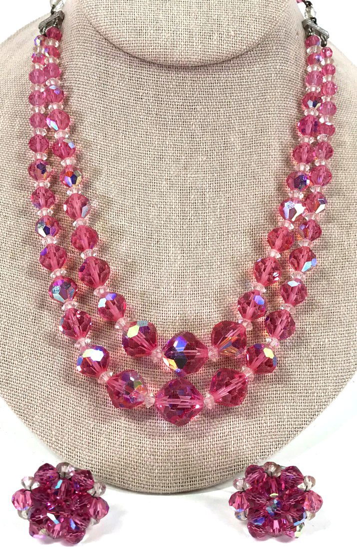Vintage AB Rose & Clear Crystals Necklace & Earrings set. (1 of 12)
