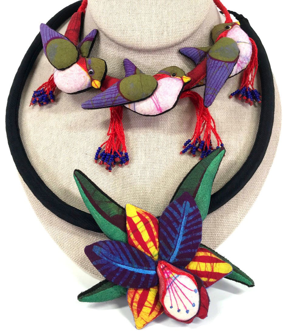 Vintage Ethnic Stuffed Batik Fabric Birds & Orchid Necklaces. (1 of 20)