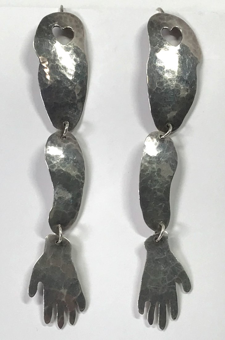 Vintage Brutalist Hammered Sterling Heart Articulated Dangle Arm Earrings (1 of 11)