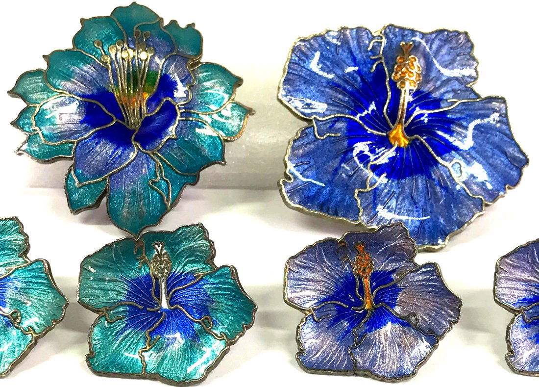 Chinese Cloisonne Enamel Flower Brooch & Earrings 2 Sets (1 of 12)