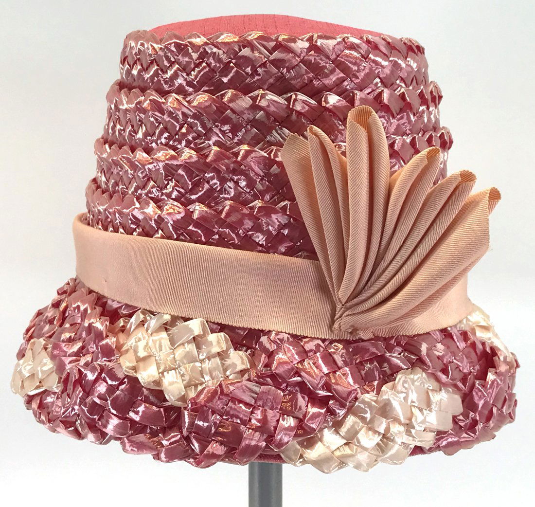 Vintage rose & creamy pleated grosgrain bow woven raffia hat (1 of 6)