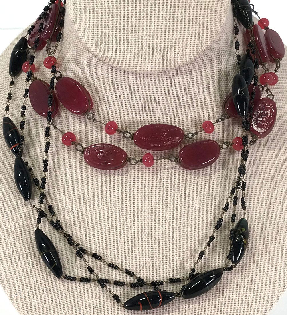 Vintage 70"s Boho Wired Black & Carnelian Glass Necklaces (1 of 18)
