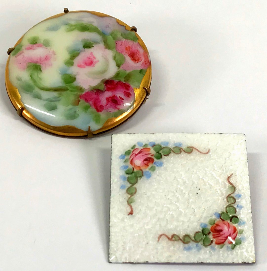 Vintage Hand Painted Flowers Porcelain & Enamel Plaque Brooches (1 of 13)