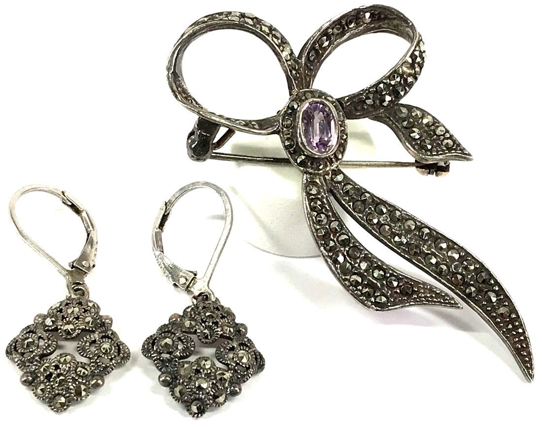 Art Deco Style Marcasites Sterling Silver Earrings & Amethyst Brooch (1 of 17)