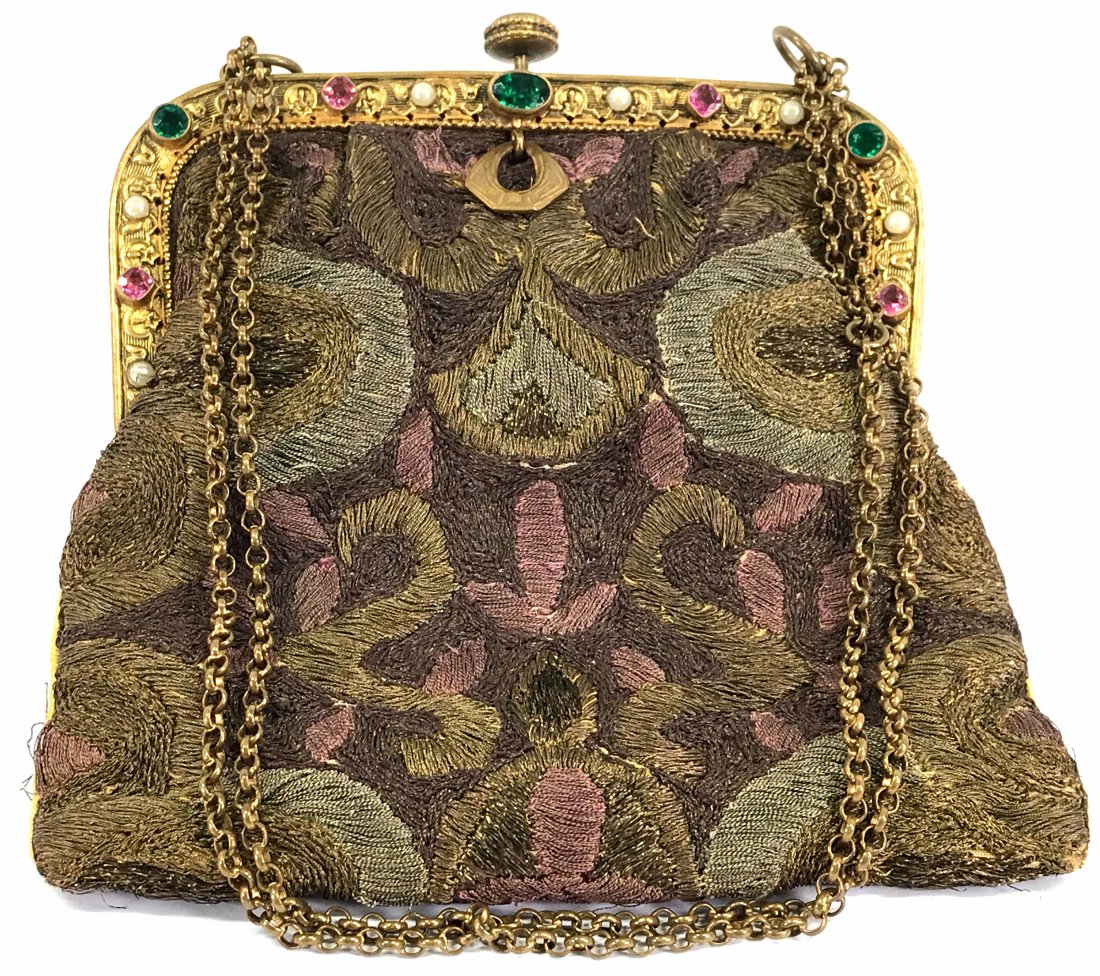 Antique French Embroidery Metallic Threads Jeweled Frame Purse Bag: Antique French Hand Embroidery Metallic Threads Jeweled Crystals & Pearls Goldtoned Metal Frame Purse Bag. The frame is marked Made in France. The interior is lined in fabric. Chain strap. For measure