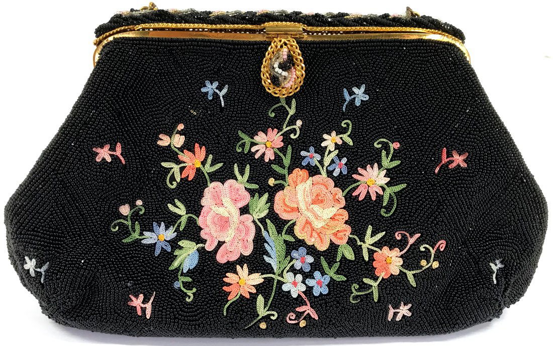 Vintage  French Embroidery Flowers Glass Beaded Purse Bag. (1 of 15)