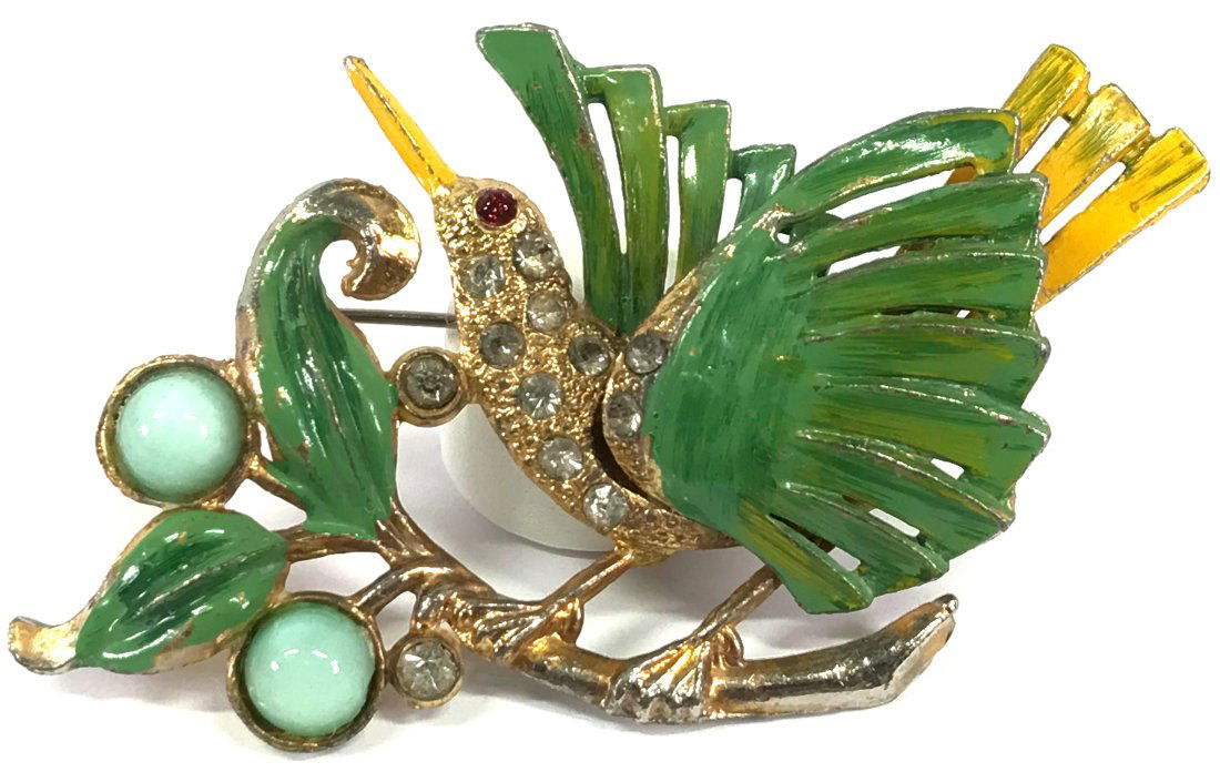 Vintage Coro Attributed Glass Rhinestones Enamel Bird Brooch.: Vintage Coro Attributed Glass Cabs & Rhinestones Enamel Goldtoned Metal Bird on a Branch Pin Brooch. Unmarked. For measures please refer to the picture taken with a measuring tape. Weight: 24 Grams. T