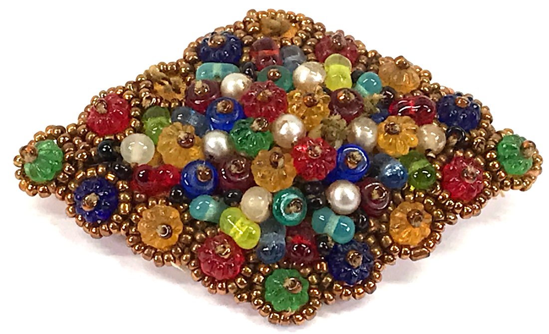 Antique art deco color tiny flowers & seed glass beads brooch: Antique art deco color tiny flowers & seed glass + pearly beads hand embroidery pin brooch. For measures please refer to the picture taken with a measuring tape. Weight: 6 Grams This is a NO RESERVE A