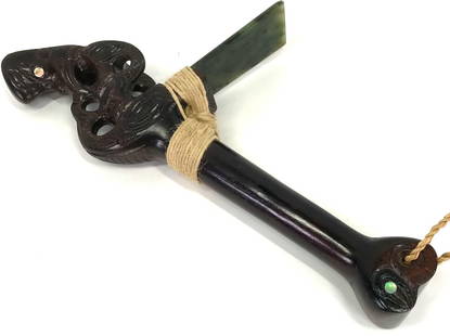 Maori Ceremonial Adze Toki Poutangata.: Maori Ceremonial Adze Toki Poutangata. Wood, MOP, Fiber, Pounamu Stone. For measures please refer to the picture taken with a measuring tape. Weight: 325 Grams. This is a NO RESERVE AUCTION: there are