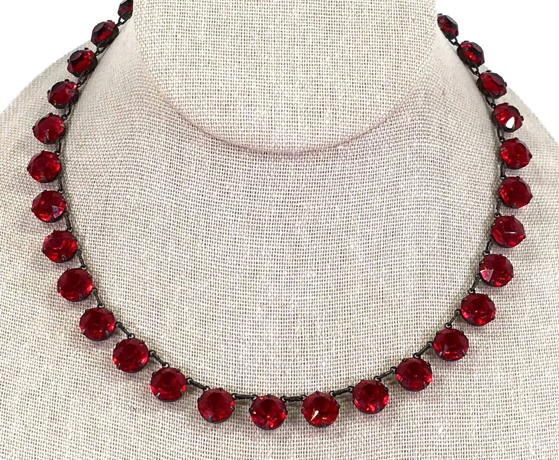 Vintage Art Deco Red Crystals Sterling Riviere Necklace (1 of 15)