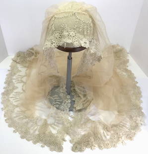 Antique Tambour Lace Tulle Bridal Veil.: Antique Tambour Lace Tulle Bridal Veil. It measures 62 x 54 inches. This is a NO RESERVE AUCTION: there are no hidden or confidential reserves, all acceptable bidding commences at the online START PRI