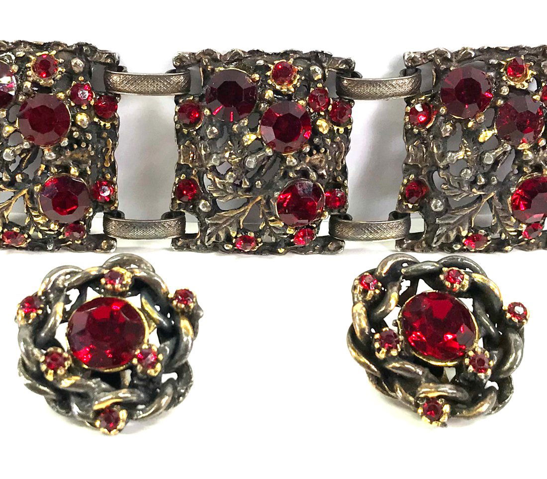 Vintage Brutalist Ruby Crystals Bracelet & Earrings. (1 of 16)