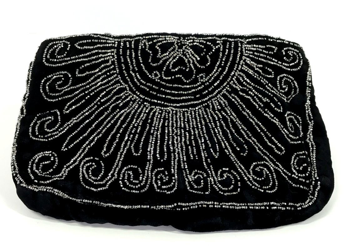 Art Deco Silver Metallic Beads Flower Velvet Clutch (1 of 10)