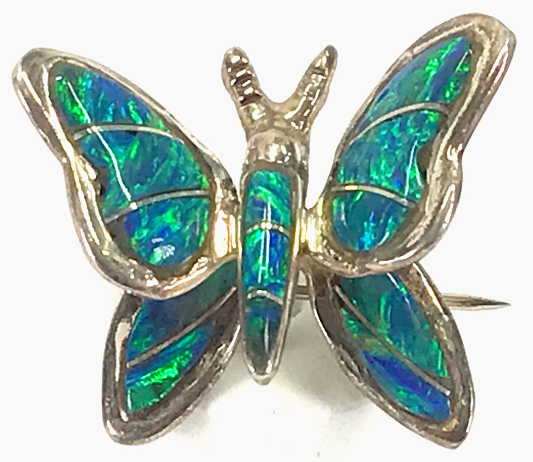 Native American style blue opal inlay sterling  butterfly brooch pendant (1 of 9)
