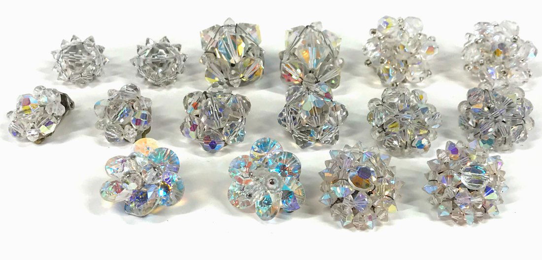Vintage AB Faceted Crystal Beaded Clip Earrings. 8 Pairs (1 of 10)