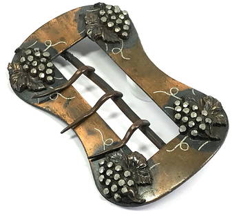 Antique Edwardian cut steel marcasites grape clusters sash belt buckle: Antique Edwardian cut steel marcasites grape clusters with applied leaves engraved dark gray accents coppertone metal sash belt buckle . Unmarked. For measures please refer to the picture taken with a