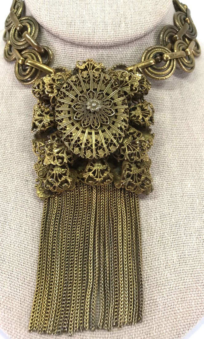 Vintage etruscan revival filigree medallion with fringe necklace (1 of 14)