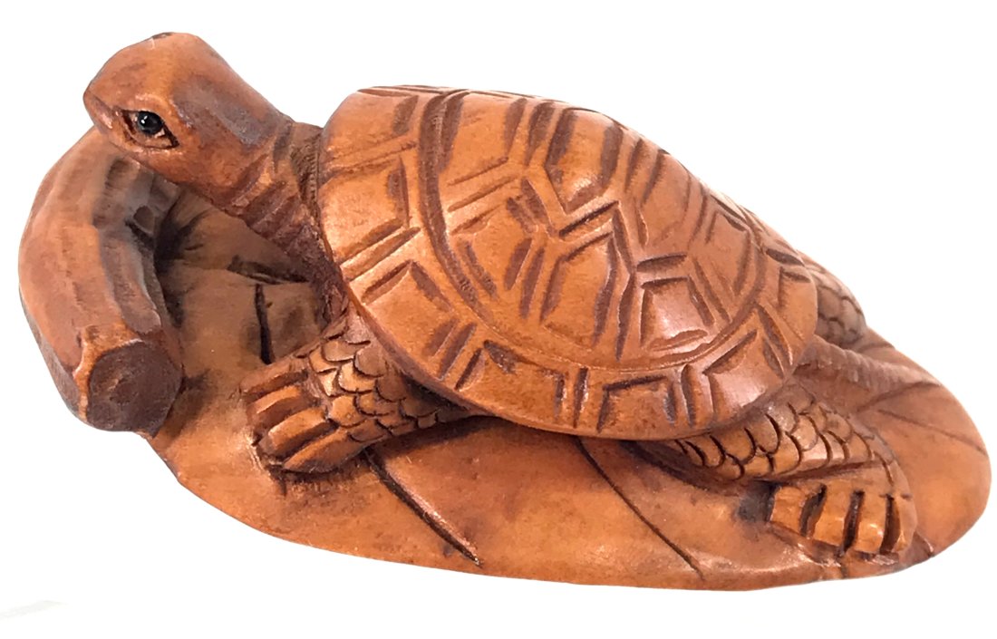 Japanese Glass Eyes Carved Wood Turtle on Lotus Netsuke. Signed Gyokuzan (1 of 9)