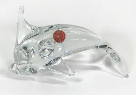 Licio Zanetti Murano Glass Dolphin Figure.: Licio Zanetti Murano glass dolphin figure. Signed on the bottom and with paper label. It measures 7 1/4 x 4 1/2 x 3 inches. Weight: 1 Lb 5 oz. This is a NO RESERVE AUCTION: there are no hidden or conf