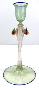 Vintage Fruit & Leaves on sides Murano Glass Candle Holder: Vintage Fruit & Leaves on sides Murano Glass Candlestick candle holder. Unsigned. It measures 8 1/4 inches tall and 4 inches in diameter on the bottom. Weight: 120 Grams. This is a NO RESERVE AUCTION:
