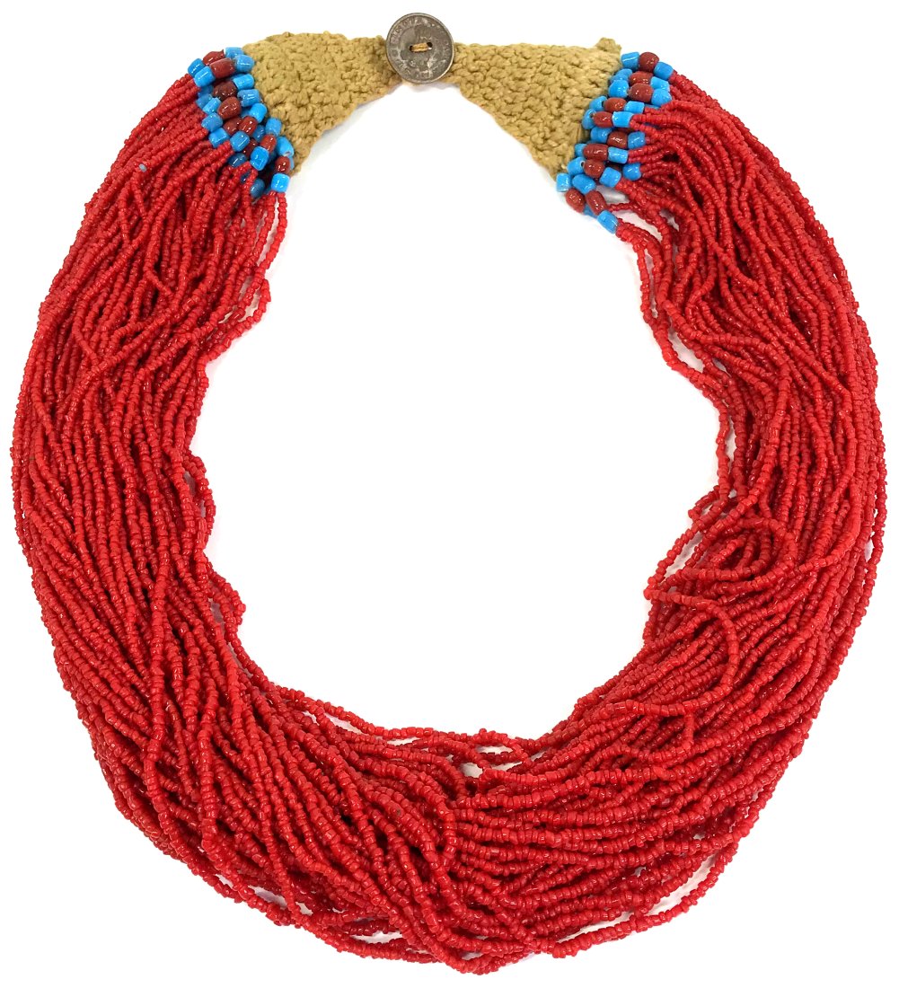 Naga Burma Glass Beads Necklace: Naga Burma necklace. Glass beads, woven cotton cord, 1952 Indian coin clasp. It measures 27 1/4inches long and around 3 3/4 inches wide. Weight: 11 Oz This is a NO RESERVE AUCTION: there are no hidden