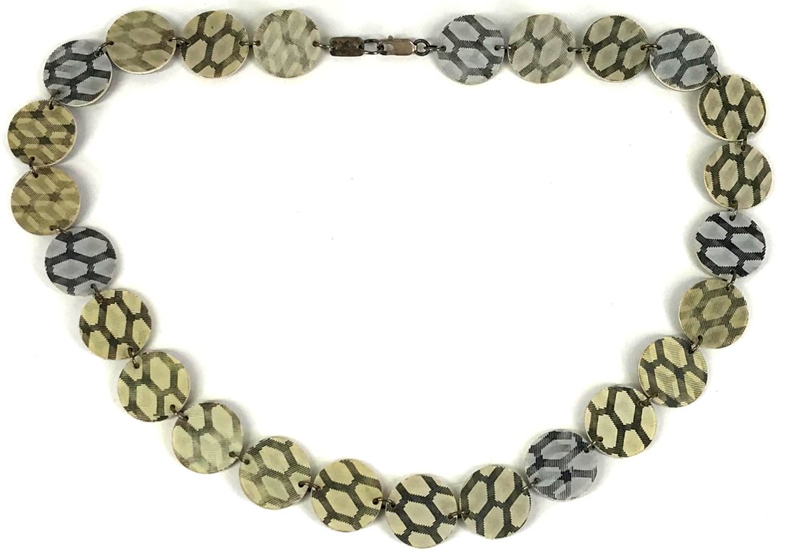 Vintage JZ Op Art Lenticular Print Beaded Necklace: Vintage JZ Op Art Lenticular Print Beaded Necklace. Different design on back and front. Sterling clasp marked 925. Marked JZ. For measures please refer to the picture taken with a measure tape. Weight