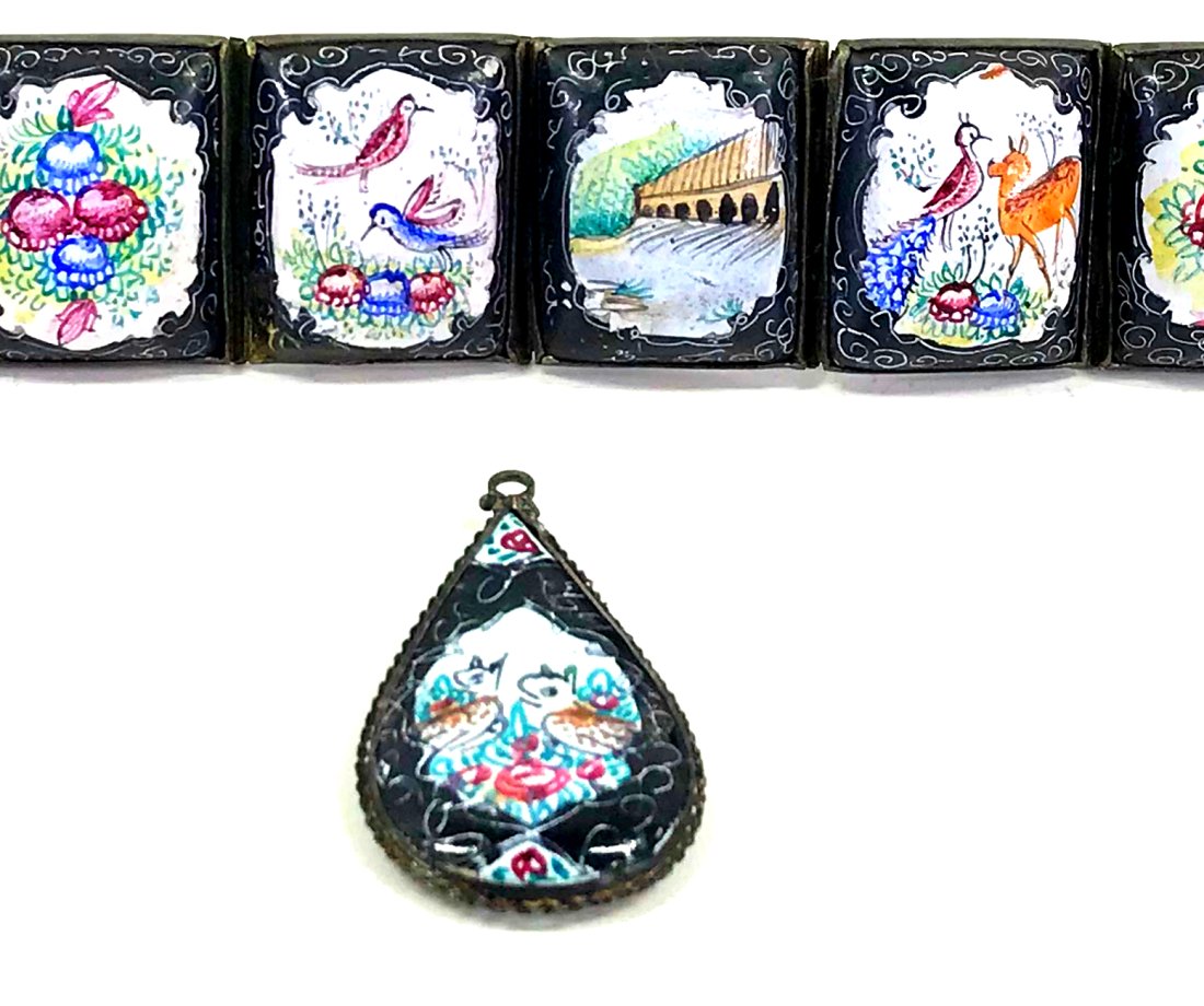 Vintage Hand Painted Enamel Silver Persian Story Bracelet & Pendant. (1 of 16)