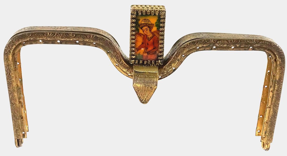 Antique Persian revival painted filigree clasp gilt purse frame: Antique 1920's persian revival hand painted woman with hat on bone filigree rim clasp ornate gilt metal purse frame. Pull ring. Closes secure. For measures please refer to the pictures taken with a me