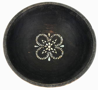 Solomon Islands Ceremonial Bowl.: Solomon Islands wood with shell inlaid Ceremonial Bowl. It measures 8 1/4 in diameter and 3 inches high. Weight: 9 oz. This is a NO RESERVE AUCTION: there are no hidden or confidential reserves, all a