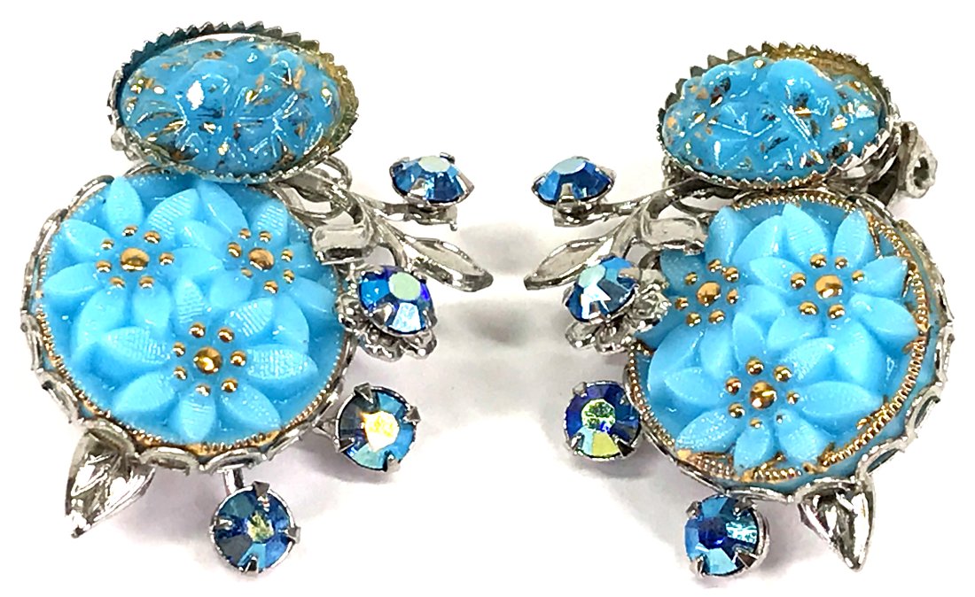 Vintage Haskell style  Czech glass flowers AB crystals silvertone earrings (1 of 6)