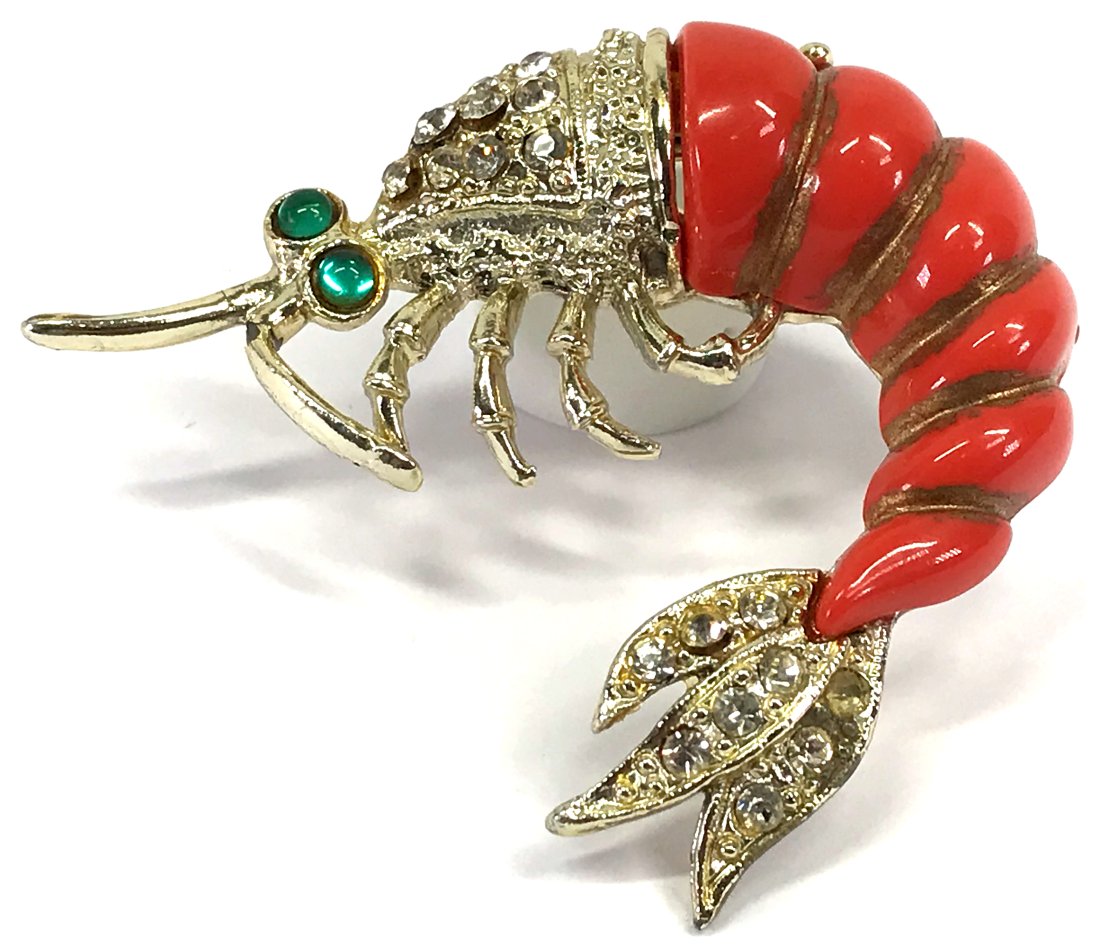 Vintage coral color thermoset plastic rhinestones goldtone shrimp lobster brooch. (1 of 7)