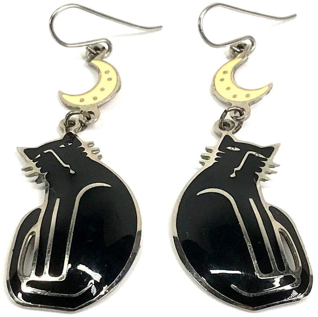 Vintage Berebi Crescent Moon Black Cats enamel hook earrings.: Vintage Berebi Crescent Moon Black Cats enamel silvertone metal hook earrings.Label. For measures please refer to the picture taken with a measuring tape. Weight: 7 Grams. This is a NO RESERVE AUCTION