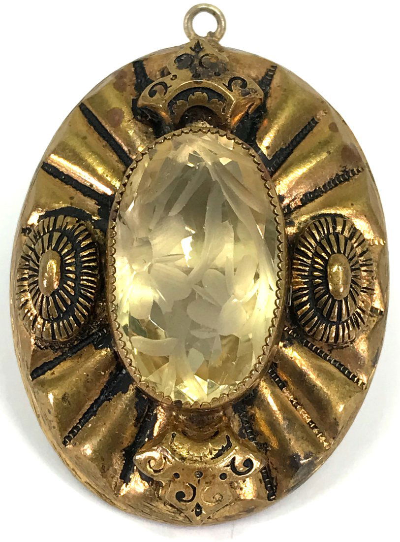 Antique Edwardian open back cut crystal flowers goldtone metal pendant. (1 of 7)