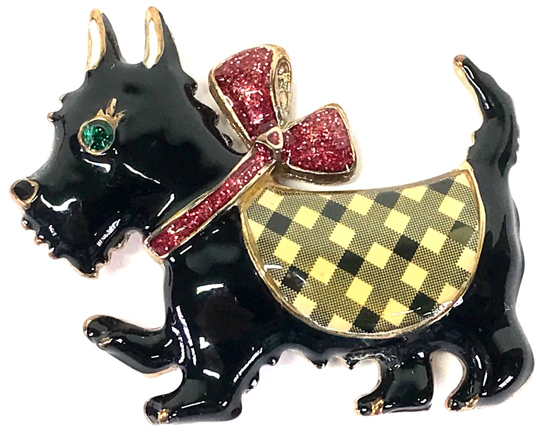 Vintage Betsey Johnson enamel goldtone scottie dog brooch.: Vintage Betsey Johnson rhinestone eye enamel goldtone metal scottie dog pin brooch. Marked. For measures please refer to the picture taken with a measuring tape. Weight: 15 Grams. This is a NO RESERVE