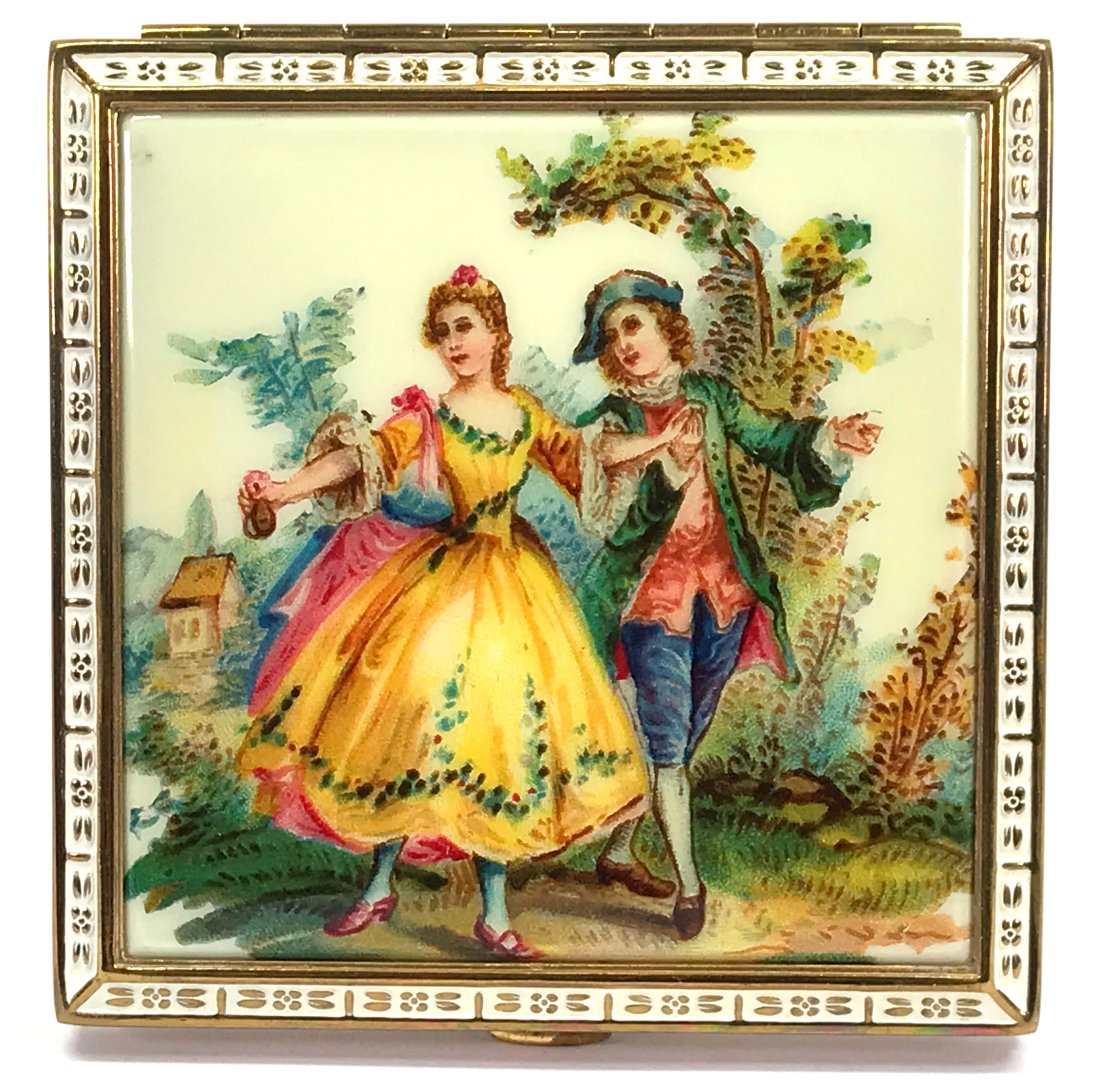 Vintage Rex Fifth Ave hand painted courting couple celluloid powder compact. Unused. (1 of 11)