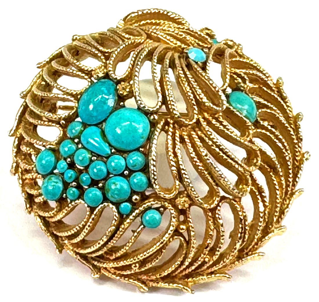 Vintage brutalist Capri turquoise color beads filigree goldtone dome brooch (1 of 6)