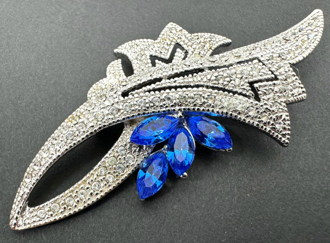 Art deco style blue crystals & clear rhinestones silvertone tulips brooch (1 of 7)