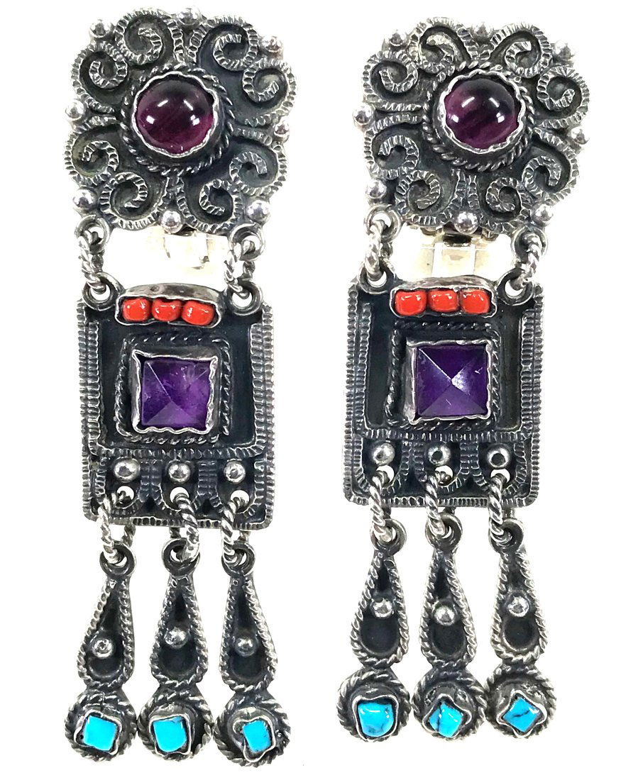 Vintage Matl Style Mexico Stones Sterling Earrings. (1 of 10)