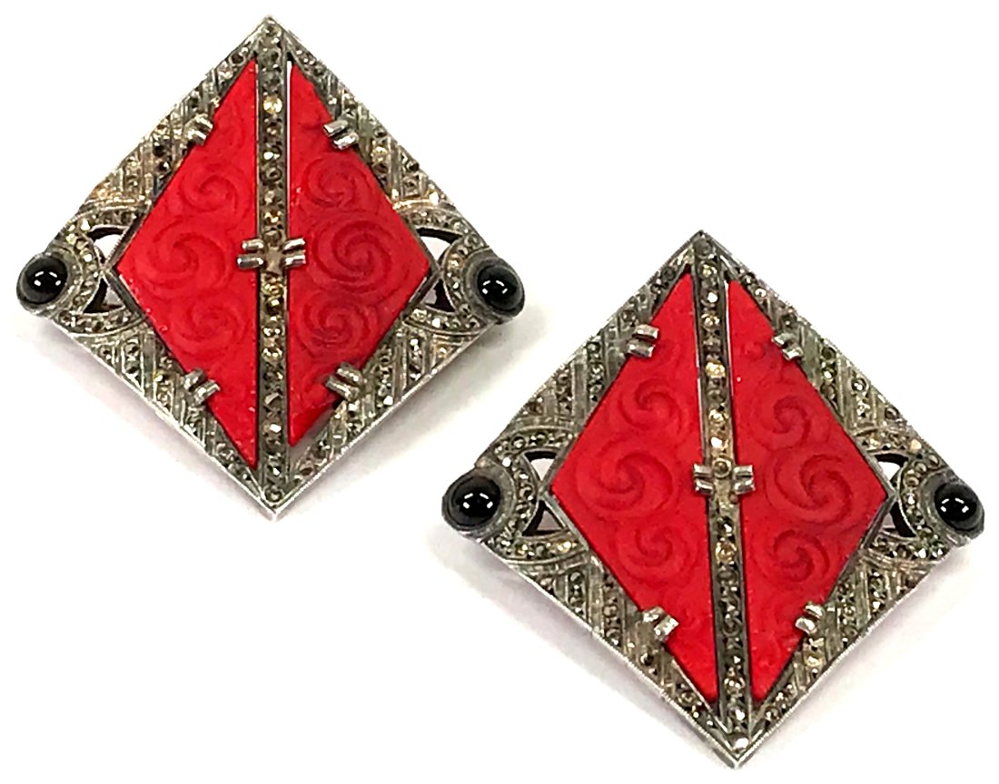 Antique art deco Czech glass marcasites sterling 2 brooches (1 of 13)