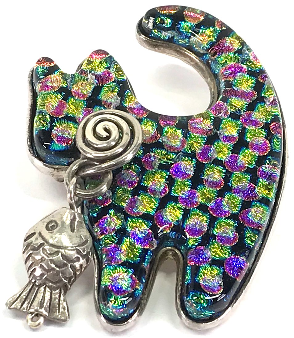 Linda Shull dichroic glass Boots the Cat fish dangle sterling brooch pendant (1 of 8)