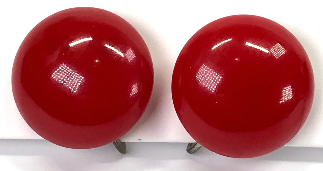 Vintage red bakelite rounded dome silvertone earrings (1 of 4)