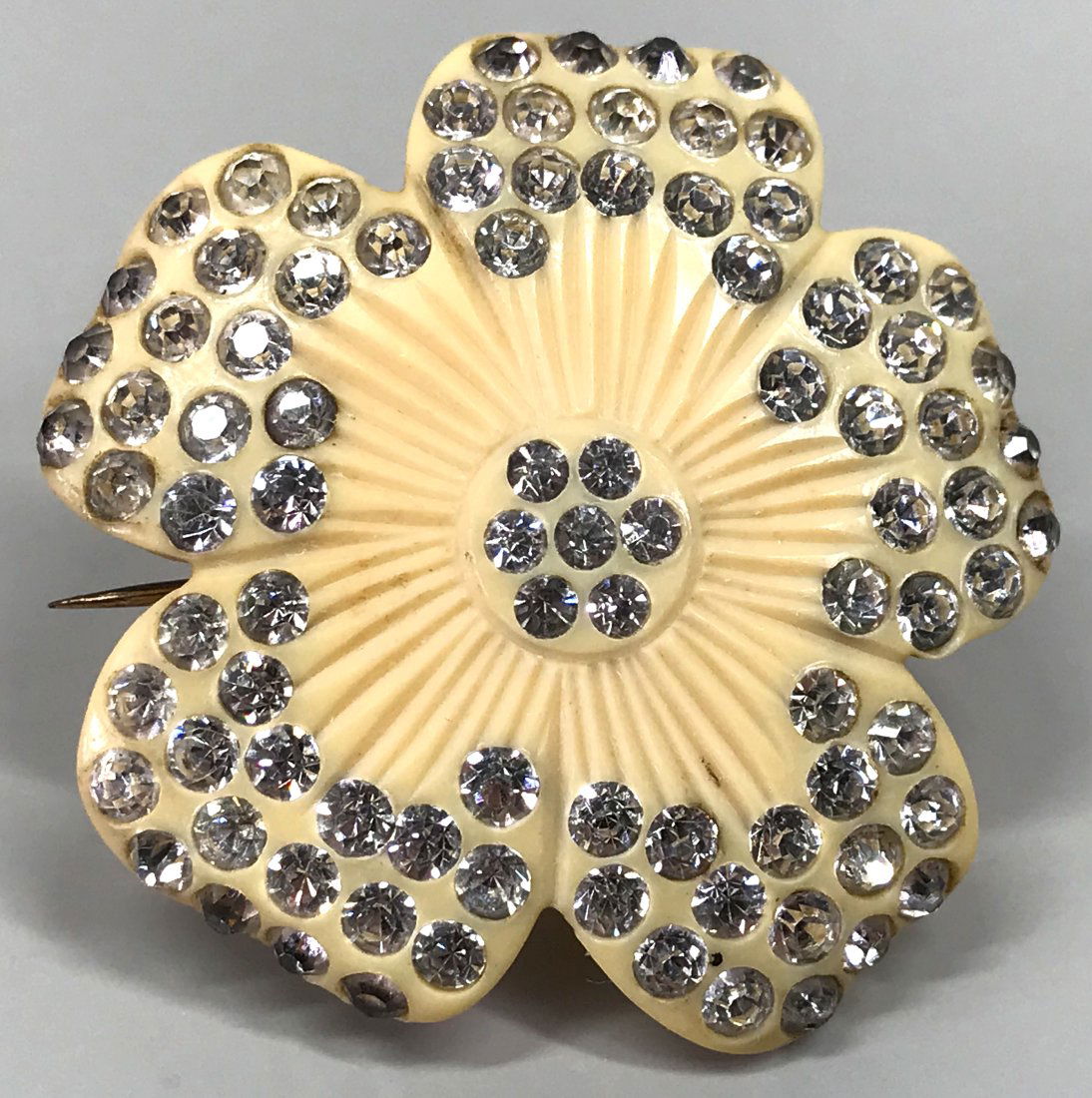 Vintage inlaid clear rhinestones carved creamy celluloid flower pin brooch. (1 of 6)