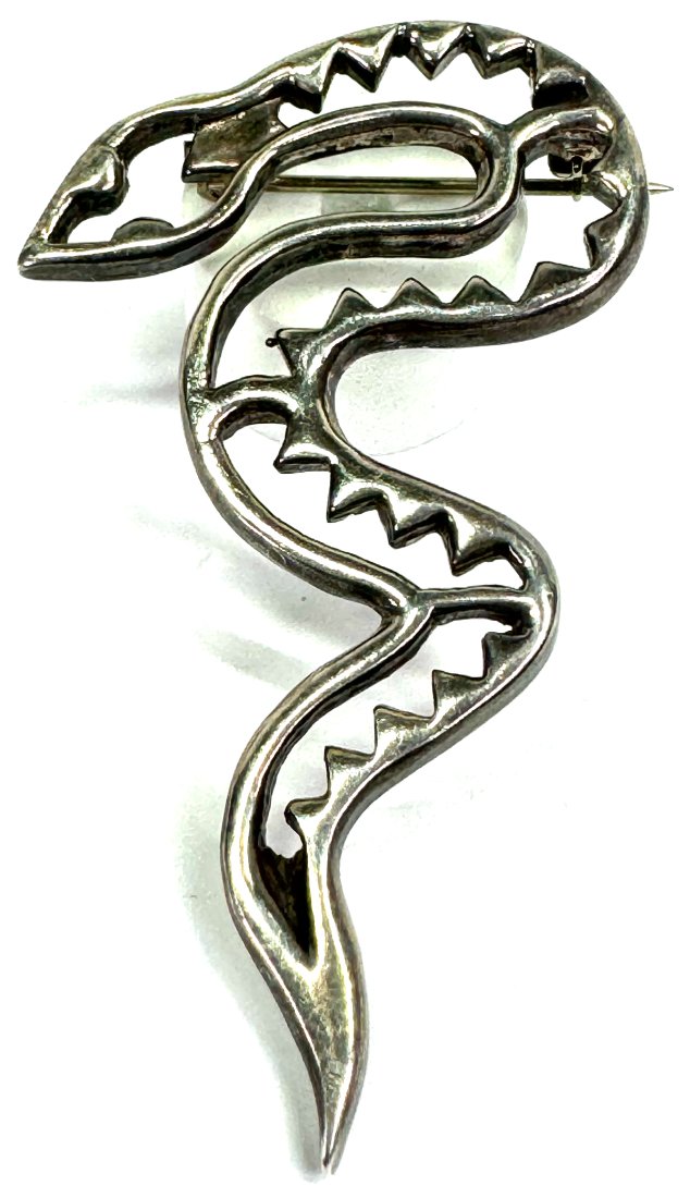 Vintage Native American Bryant Waatsa Jr. Zuni sterling snake brooch (1 of 8)