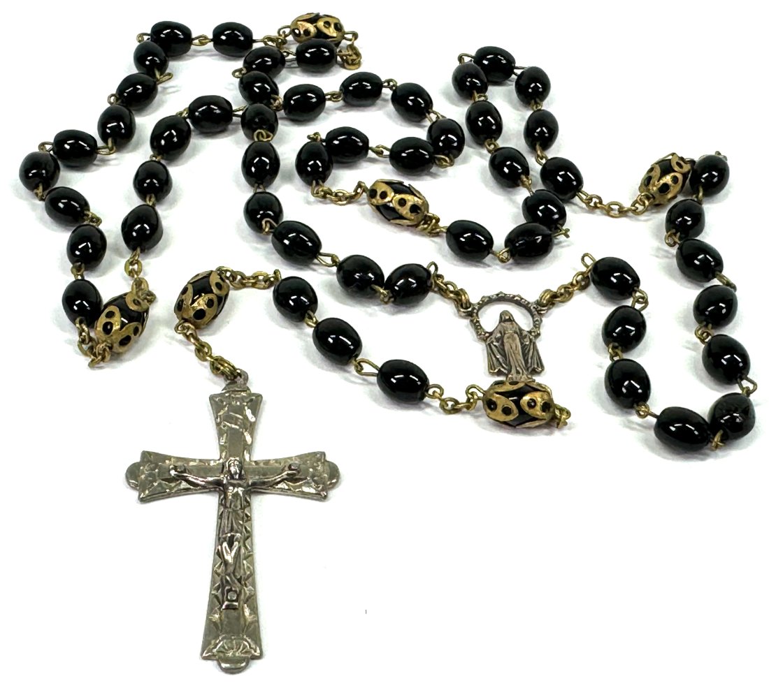 Vintage Roma Crucifix & Our Lady Immaculate Conception mourning black glass beaded Rosary (1 of 12)