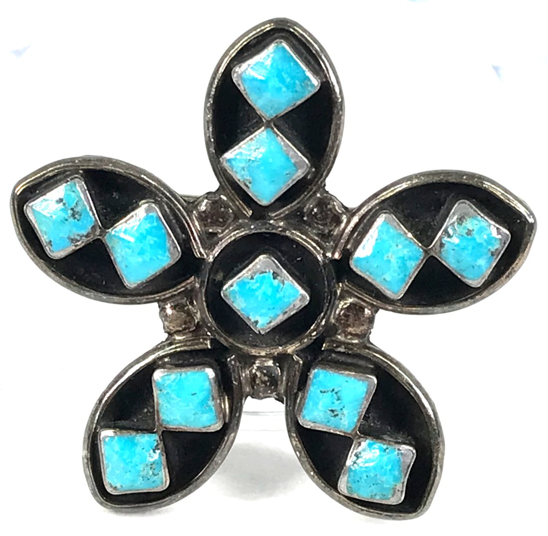 Southwestern Style Turquoise Enamel Sterling Flower Brooch (1 of 8)