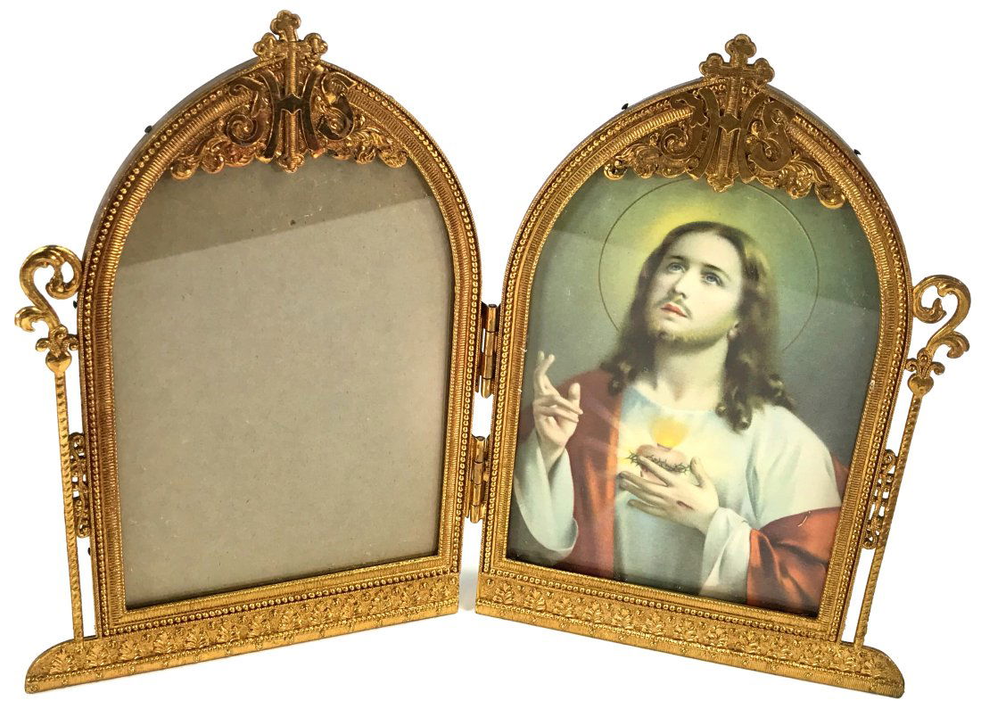 Antique Hinged Bifold JHS Christian Jesus Picture Frame. (1 of 19)