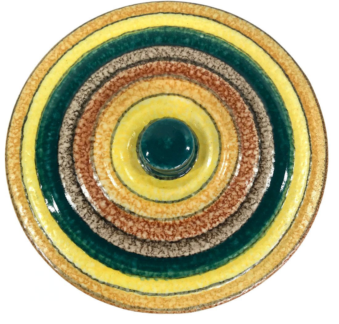 1930"s Futuristic Diulgheroff? Mazzotti Albisola Ceramic Box: Italian Nikolay Diulgheroff? for Giuseppe Mazzotti Albisola Italy Futuristic Lidded Box, Circa 1930. Marked on the bottom. IT measures 5 3/4 inches in diameter and 2 ¾ inches tall. Weight: 1 po