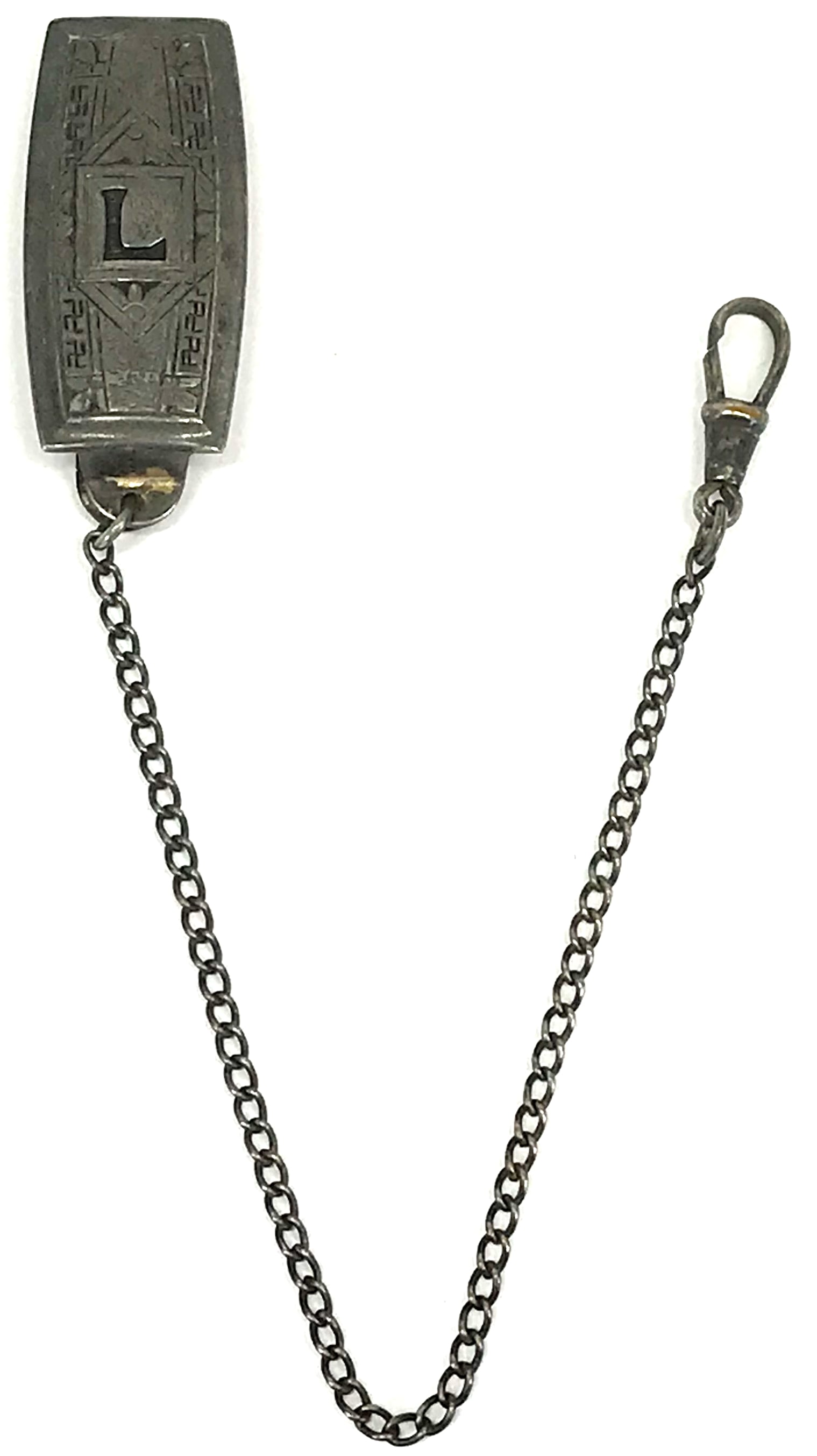 Antique art deco black enamel letter L silver front belt loop pocket watch chain.: Antique art deco black enamel letter L silver front belt loop pocket watch chain. For measures please refer to the picture taken with a measuring tape. Weight: 8 Grams. This is a NO RESERVE AUCTION: t