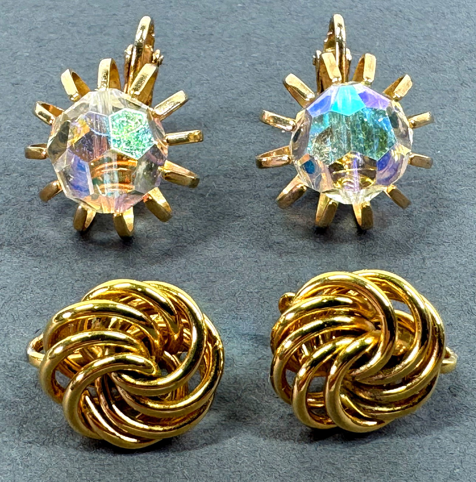 Vintage AB crystal bead & Trifari woven goldtone metal clip on earrings: Vintage AB crystal bead & Trifari woven goldtone metal clip on earrings . The ones with the bead are unmarked and the woven one is marked Trifari. For measures please refer to the pictures taken with 
