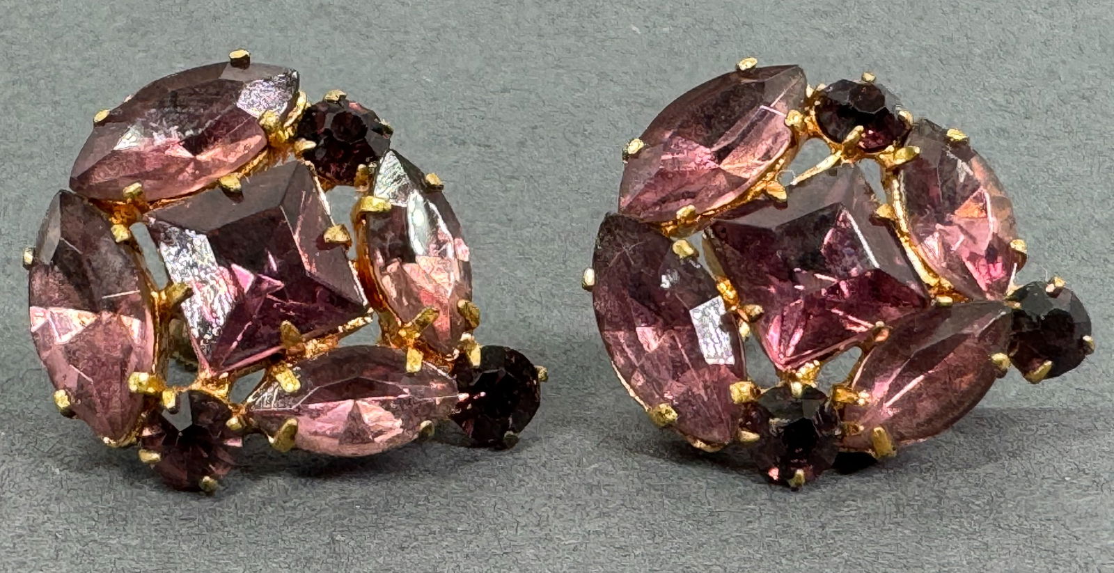 Antique Czech open back amethyst color crystals goldtone screw earrings. Marked (1 of 6)